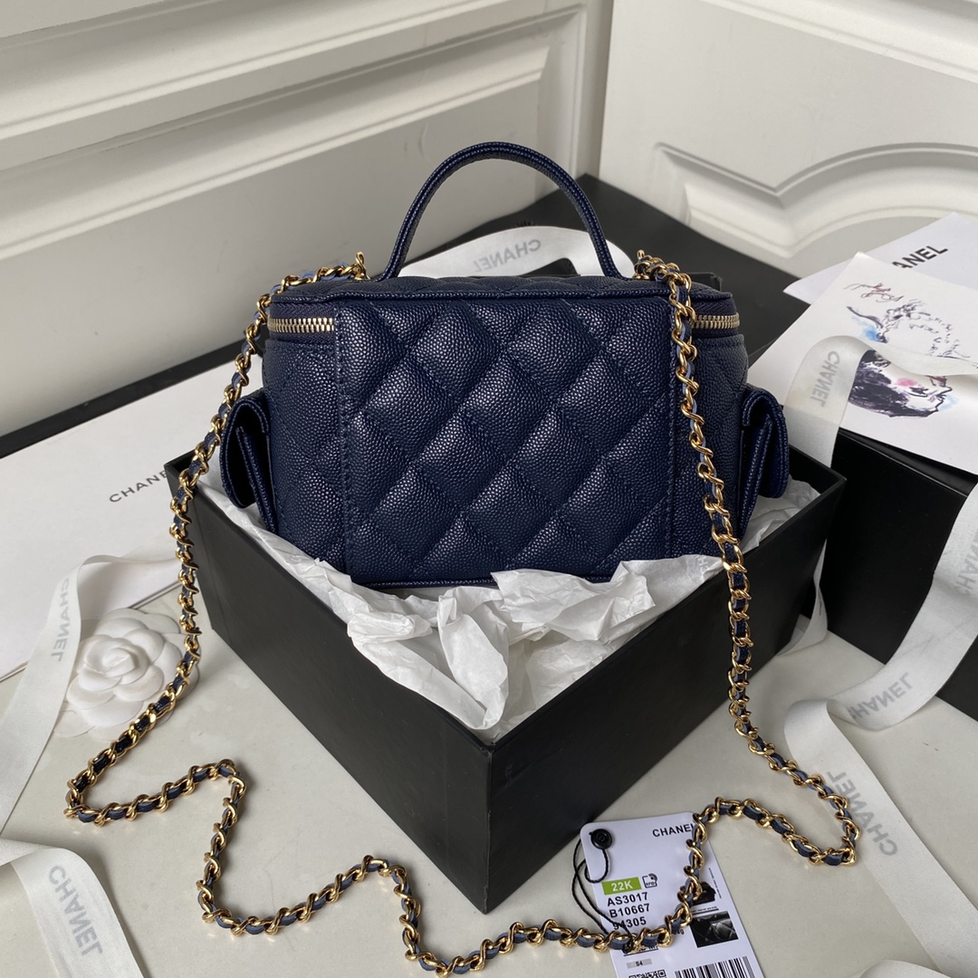 Caviar Vanity Chain Shoulder Bag Makeup Case AS3017 Dark Blue